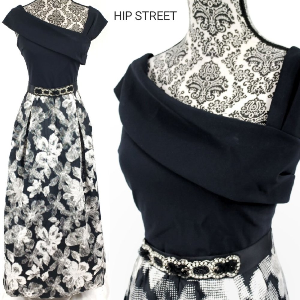 Rickie Freeman for Teri Jon Black and White Floral Maxi Dress